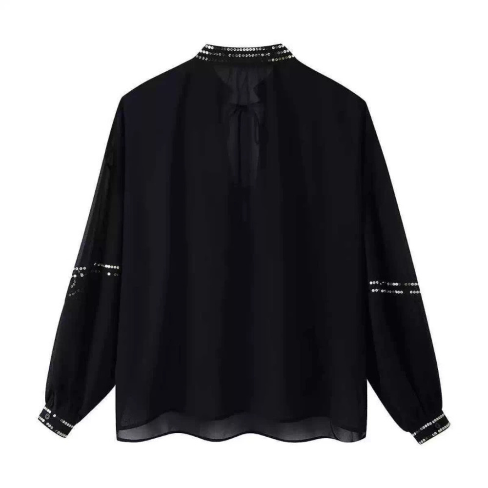 ZARA Summer Oversized Black Round Neck Studded Sheer Blouse